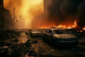 ai gerado cidade desastre rua naufrágio, fumaça, destruição consequências, emergência veículo resposta foto