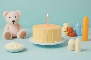 ai gerado Urso de pelúcia Urso vestindo aniversário chapéu e uma aniversário bolo. neural rede ai gerado foto