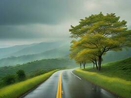 ai gerado uma Visão depois de a chuva com exuberante verde árvores foto