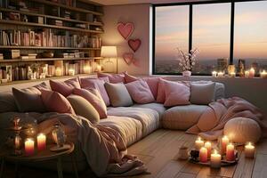 ai gerado romântico retiro moderno dia dos namorados vivo sala, moderno vivo quarto decorado para namorados foto