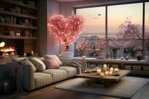 ai gerado romântico retiro moderno dia dos namorados vivo sala, moderno vivo quarto decorado para namorados foto