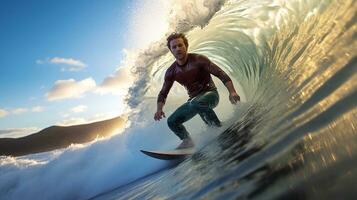 ai gerado retrato do uma homem surfar em a de praia. profissional surfista tendo Diversão com prancha de surfe. surfar açao pegando ondas dentro oceano. generativo ai foto