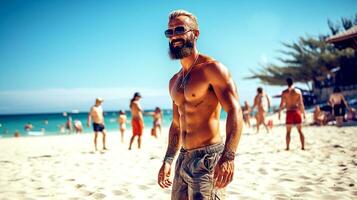 ai gerado retrato do uma homem sorrisos e feliz enquanto jogando em a de praia. jovem adulto masculino em pé e vendo por aí a de praia. feriado, fim de semana, Férias conceito. generativo ai foto