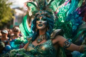 ai gerado mulher dentro pena traje às carnaval. neural rede ai gerado foto