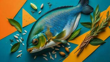 ai gerado peixe e ingredientes para cozinhando em uma azul e laranja fundo. topo visualizar. generativo ai foto