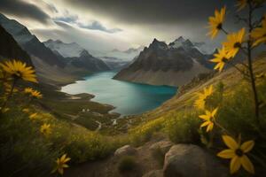 ai gerado montanha panorama com lago e amarelo flores, generativo ai foto