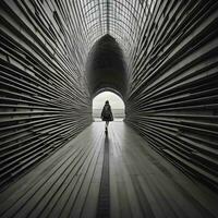ai gerado silhueta do uma jovem mulher caminhando dentro uma túnel do moderno arquitetura. generativo ai foto