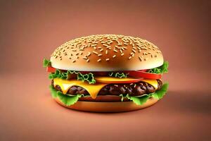 ai gerado uma Hamburger é mostrando em uma Castanho fundo foto
