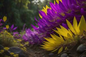 ai gerado roxa e amarelo flor dentro a jardim com verde natureza fundo. generativo ai foto