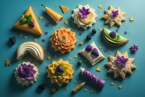 ai gerado colorida aniversário bolos de copo decorado com flores e confete em azul fundo. generativo ai foto
