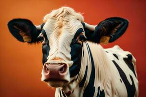 ai gerado retrato do uma vaca em uma vermelho fundo. fechar-se. ai gerado foto