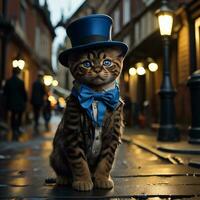 ai gerado engraçado Bengala gatinho dentro uma azul arco gravata e topo chapéu. generativo ai foto