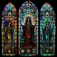 ai gerado ilustração dentro manchado vidro estilo com a imagem do a virgem Maria e a bebê Jesus em a fundo do a manchado vidro janela. generativo ai foto