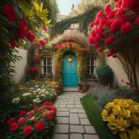 ai gerado uma lindo fantasia casa com flores e uma porta. generativo ai foto