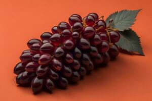 ai gerado grupo do uvas com folhas em uma vermelho fundo, fechar-se. ai gerado foto