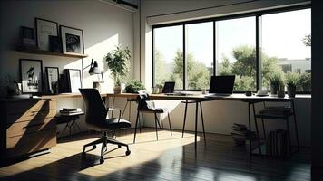 ai gerado moderno escritório interior Projeto com mobília e luz do dia. ai gerado foto