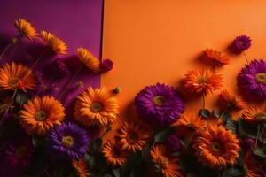 ai gerado flores composição. colorida flores em laranja e roxa fundo. plano deitar, topo visualizar, cópia de espaço. generativo ai foto