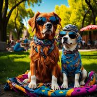 ai gerado dois cachorros dentro oculos de sol sentado em a Relva dentro uma parque em uma verão dia. generativo ai foto