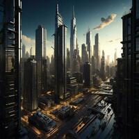 ai gerado uma futurista cidade. arranha-céus e edifícios. generativo ai foto