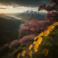 ai gerado lindo panorama com montanhas e flores às pôr do sol, generativo ai foto