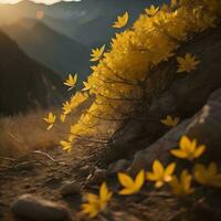 ai gerado lindo outono panorama com amarelo flores dentro a montanhas às pôr do sol. generativo ai foto