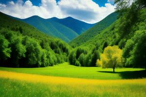 ai gerado lindo verão panorama com verde Relva e amarelo flores dentro a montanhas. generativo ai foto