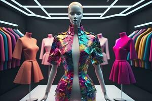 ai gerado futurista moda manequim dentro a loja. ai generativo foto