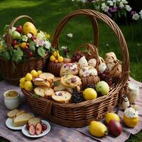 ai gerado Páscoa cesta com ovos, fruta e queijo dentro a jardim. generativo ai foto