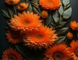 ai gerado lindo laranja gerbera flores em Preto fundo, fechar-se. generativo ai foto