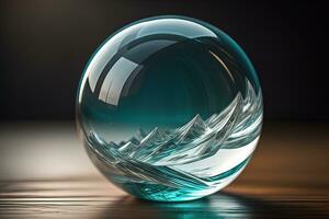 ai gerado transparente cristal bola em uma de madeira mesa. ai generativo foto