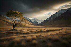 ai gerado panorama com uma solitário pinho árvore dentro a meio do a deserto. generativo ai foto