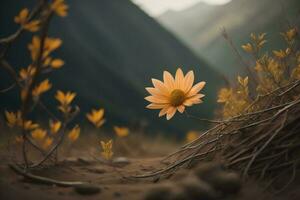 ai gerado lindo amarelo flor dentro a deserto com montanha fundo, vintage tom. generativo ai foto