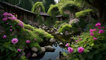 ai gerado japonês jardim com lagoa e flores dentro frente do uma de madeira casa. generativo ai foto