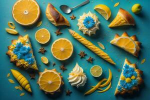 ai gerado plano deitar do delicioso limão e laranja bolos em azul fundo. generativo ai foto