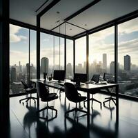 ai gerado interior do moderno escritório com panorâmico janela e cidade visualizar. generativo ai foto