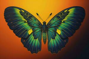 ai gerado borboleta dentro Preto e verde em laranja fundo. vetor ilustração. generativo ai foto
