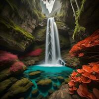 ai gerado lindo cascata com vermelho flores dentro a floresta. generativo ai foto