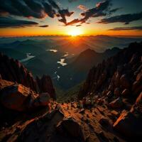 ai gerado uma lindo pôr do sol sobre a montanhas dentro a nuvens. generativo ai foto