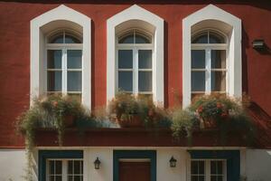 ai gerado colorida janelas do uma típica casa dentro a cidade, ai generativo foto