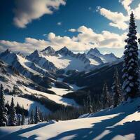 ai gerado lindo inverno panorama com neve coberto montanhas e azul céu. generativo ai foto