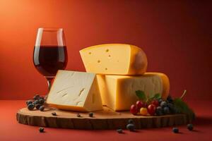 ai gerado queijo coleção, vermelho vinho e uva em de madeira borda sobre vermelho fundo. generativo ai foto