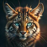 ai gerado retrato do uma tigre com azul olhos em uma Sombrio fundo. generativo ai foto