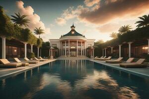 ai gerado natação piscina dentro uma luxo villa às pôr do sol, generativo ai foto