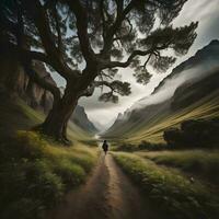 ai gerado mulher caminhando dentro a floresta dentro a montanhas. generativo ai foto