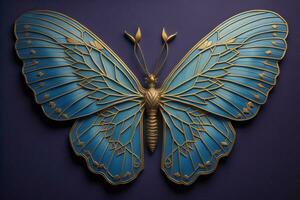 ai gerado uma borboleta fez do dourado asas em uma azul fundo. generativo ai foto