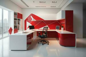 ai gerado interior do moderno escritório com vermelho e branco paredes, branco computador mesas e estantes. ai gerado foto