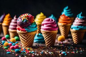 ai gerado colorida gelo creme cones com granulados em uma Sombrio fundo foto