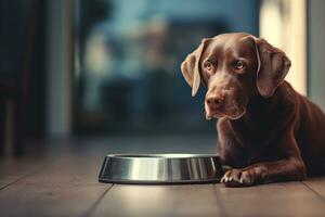 ai gerado labrador cachorro esperando para comer com esvaziar tigela foto