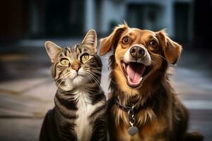 ai gerado feliz gato e cachorro fechar-se ao ar livre foto