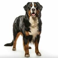 ai gerado Bernese montanha cachorro de raça pura em pé em branco foto